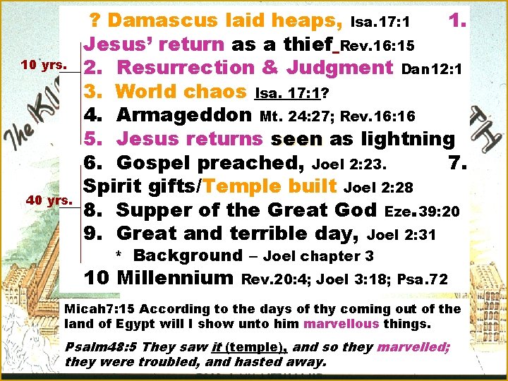 10 yrs. 40 yrs. ? Damascus laid heaps, Isa. 17: 1 1. Jesus’ return