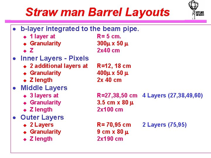 Straw man Barrel Layouts · b-layer integrated to the beam pipe. u u u