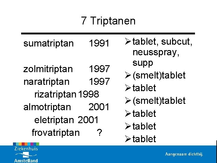 7 Triptanen sumatriptan 1991 zolmitriptan 1997 naratriptan 1997 rizatriptan 1998 almotriptan 2001 eletriptan 2001