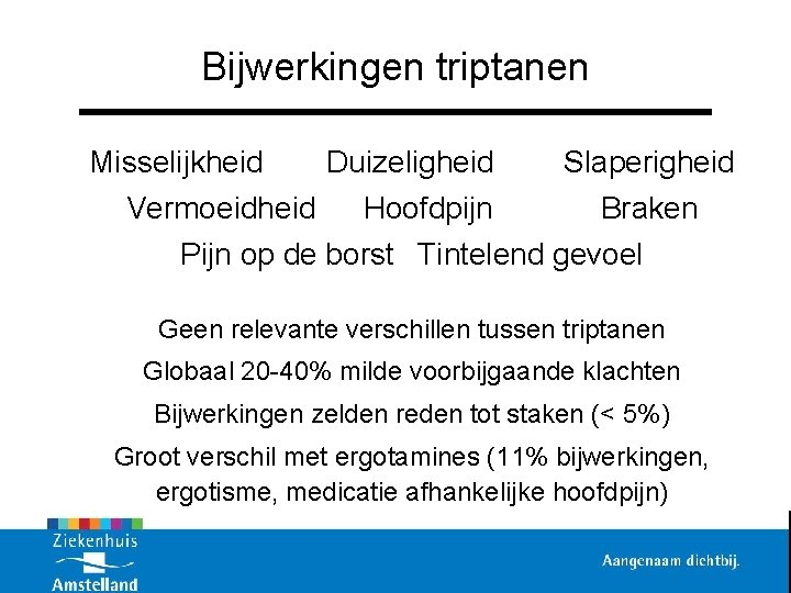 Bijwerkingen triptanen Misselijkheid Vermoeidheid Duizeligheid Hoofdpijn Slaperigheid Braken Pijn op de borst Tintelend gevoel