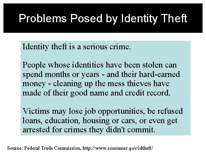 Problems Posed by Identity Theft Identity theft is a serious crime. People whose identities