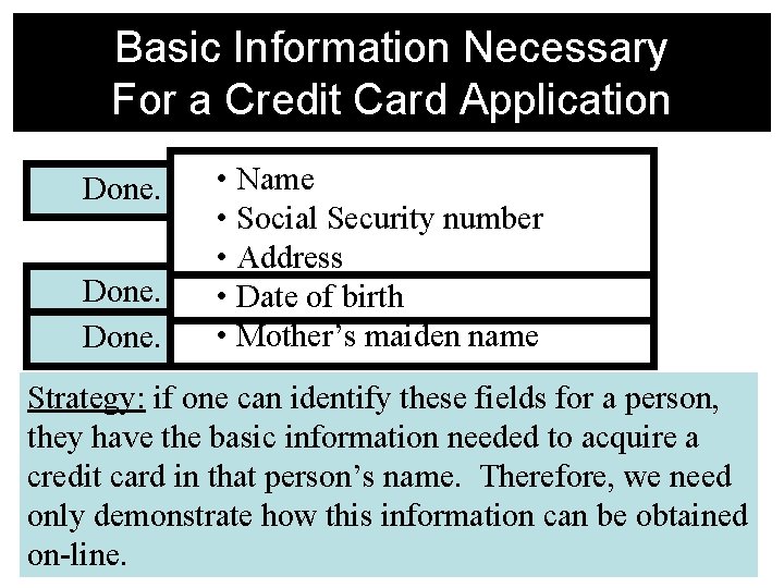 Basic Information Necessary For a Credit Card Application Done. • Name • Social Security