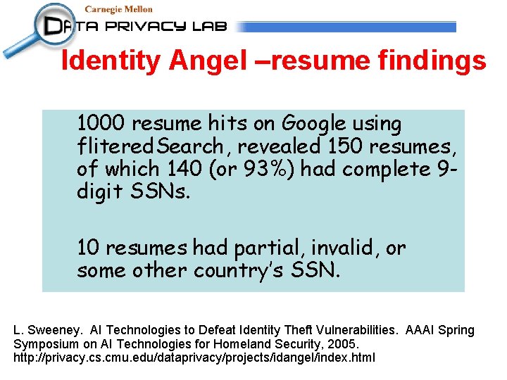 Identity Angel –resume findings 1000 resume hits on Google using flitered. Search, revealed 150