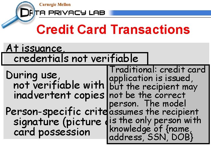 Credit Card Transactions At issuance, credentials not verifiable Traditional: credit card During use, application