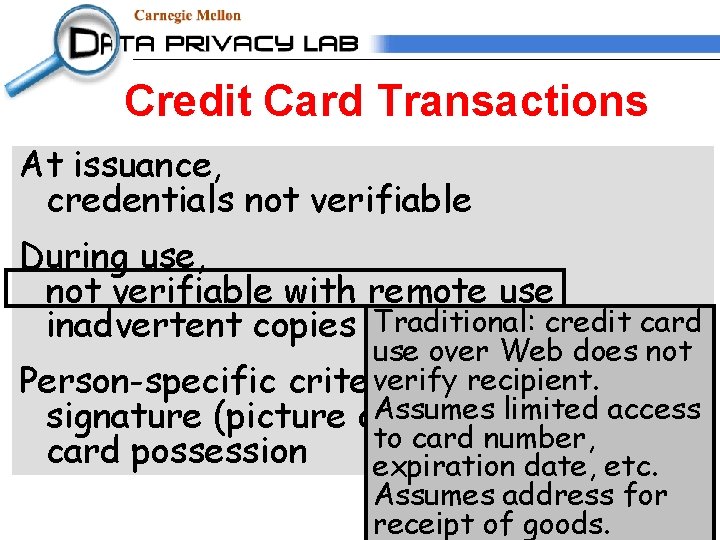 Credit Card Transactions At issuance, credentials not verifiable During use, not verifiable with remote