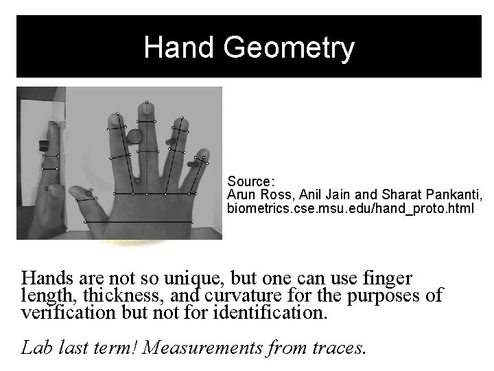 Hand Geometry Source: Arun Ross, Anil Jain and Sharat Pankanti, biometrics. cse. msu. edu/hand_proto.