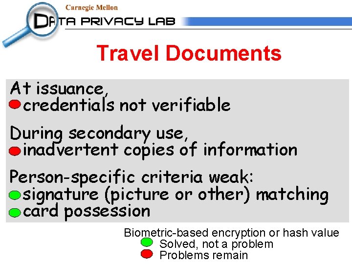 Travel Documents At issuance, credentials not verifiable During secondary use, inadvertent copies of information