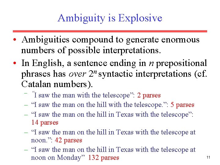 Ambiguity is Explosive • Ambiguities compound to generate enormous numbers of possible interpretations. •