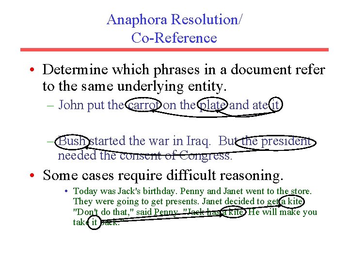 Anaphora Resolution/ Co-Reference • Determine which phrases in a document refer to the same
