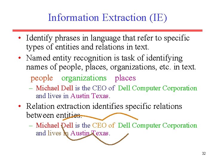 Information Extraction (IE) • Identify phrases in language that refer to specific types of