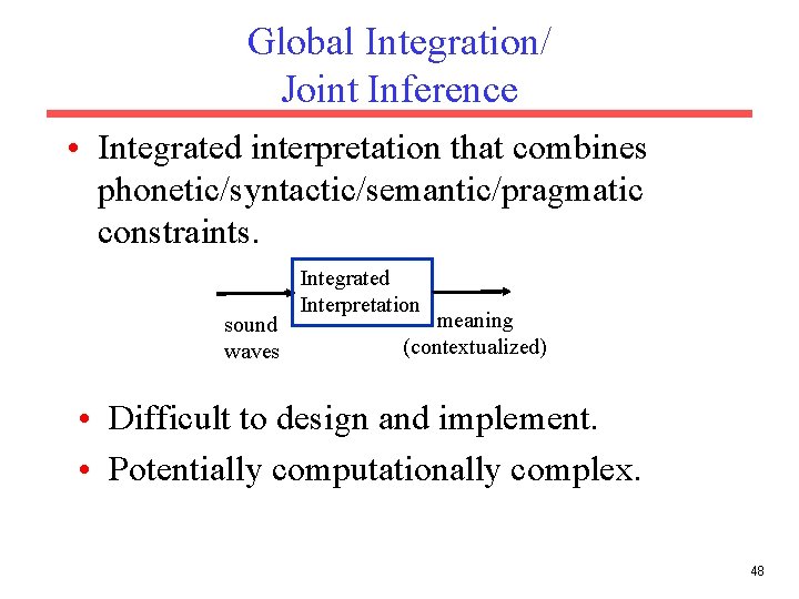 Global Integration/ Joint Inference • Integrated interpretation that combines phonetic/syntactic/semantic/pragmatic constraints. sound waves Integrated