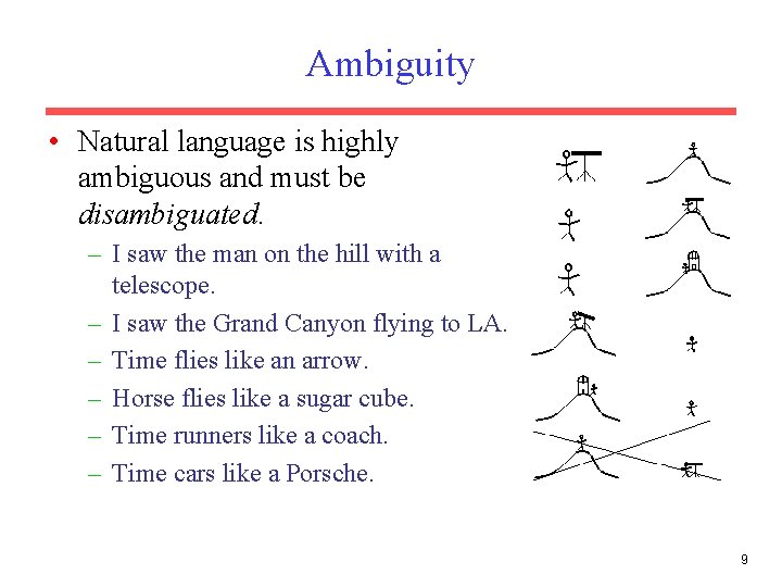 Ambiguity • Natural language is highly ambiguous and must be disambiguated. – I saw