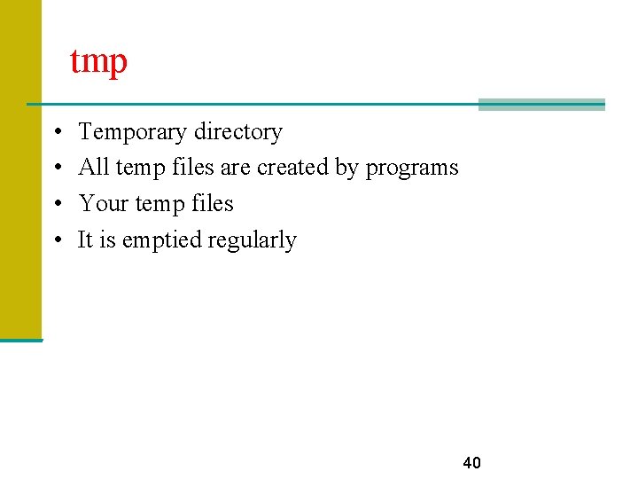 tmp • • Temporary directory All temp files are created by programs Your temp