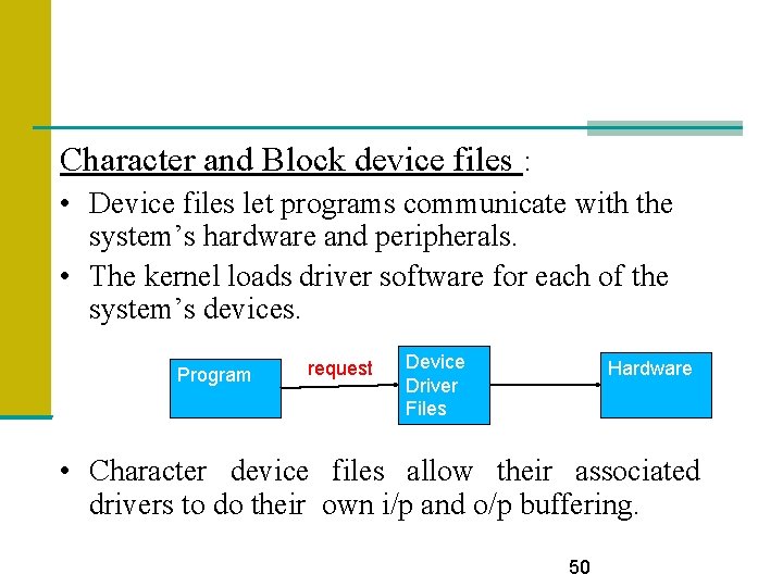 Character and Block device files : • Device files let programs communicate with the