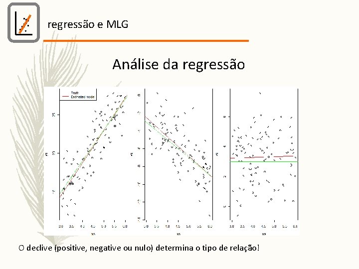regressão e MLG Análise da regressão O declive (positive, negative ou nulo) determina o