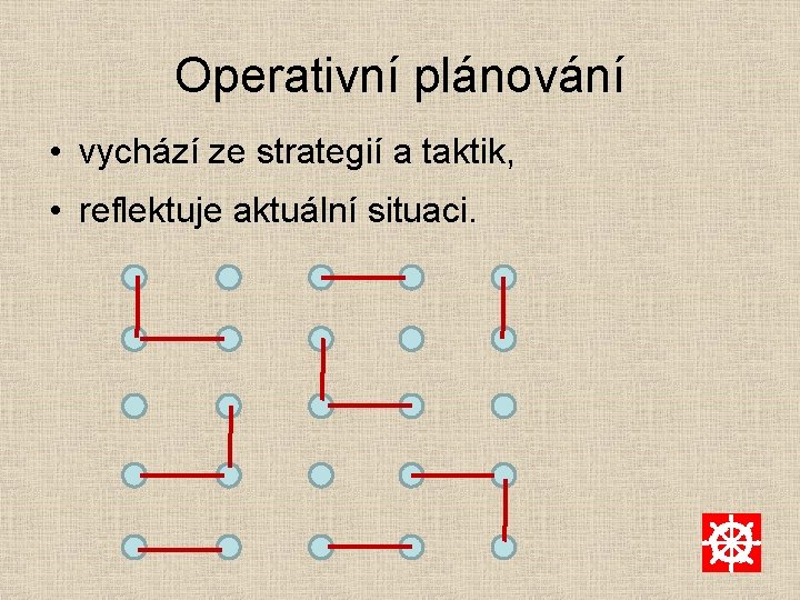 Operativní plánování • vychází ze strategií a taktik, • reflektuje aktuální situaci. 