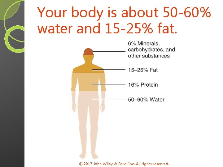 Your body is about 50 -60% water and 15 -25% fat. © 2017 John