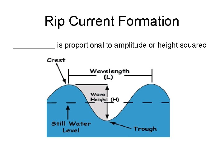 Rip Current Formation _____ is proportional to amplitude or height squared 
