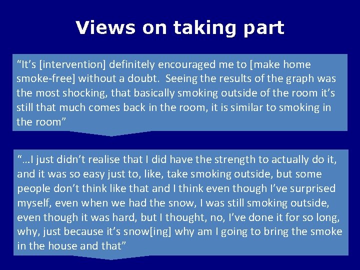 Views on taking part “It’s [intervention] definitely encouraged me to [make home smoke-free] without