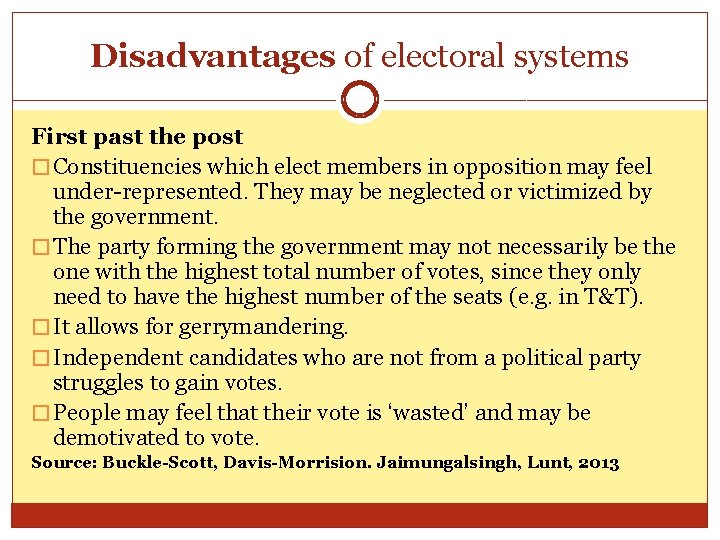 Disadvantages of electoral systems First past the post � Constituencies which elect members in