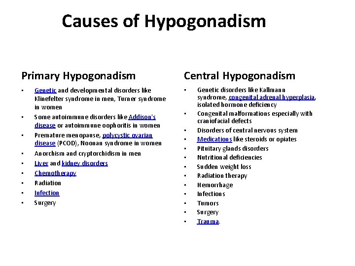 Causes of Hypogonadism Primary Hypogonadism • • • Genetic and developmental disorders like Klinefelter Causes of Hypogonadism Primary Hypogonadism • • • Genetic and developmental disorders like Klinefelter