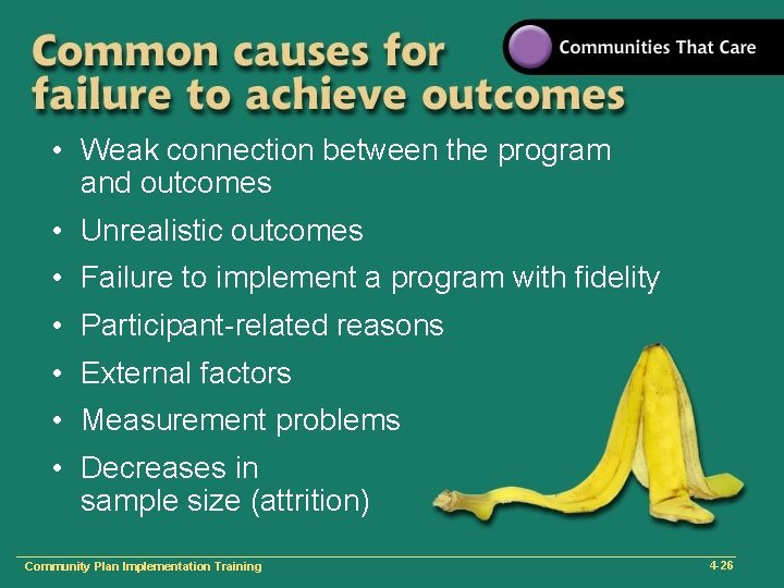  • Weak connection between the program and outcomes • Unrealistic outcomes • Failure