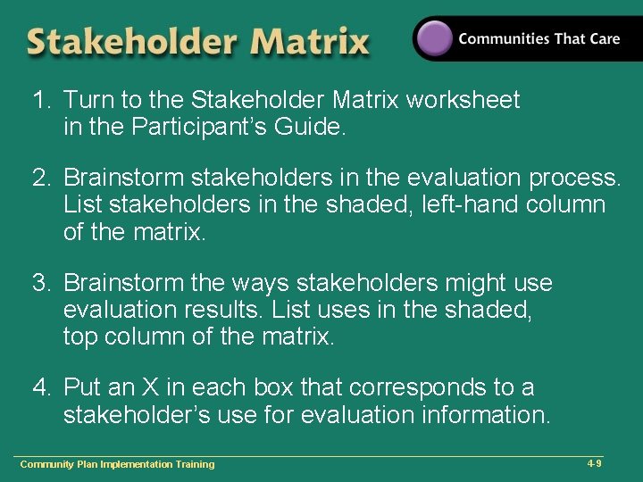 1. Turn to the Stakeholder Matrix worksheet in the Participant’s Guide. 2. Brainstorm stakeholders