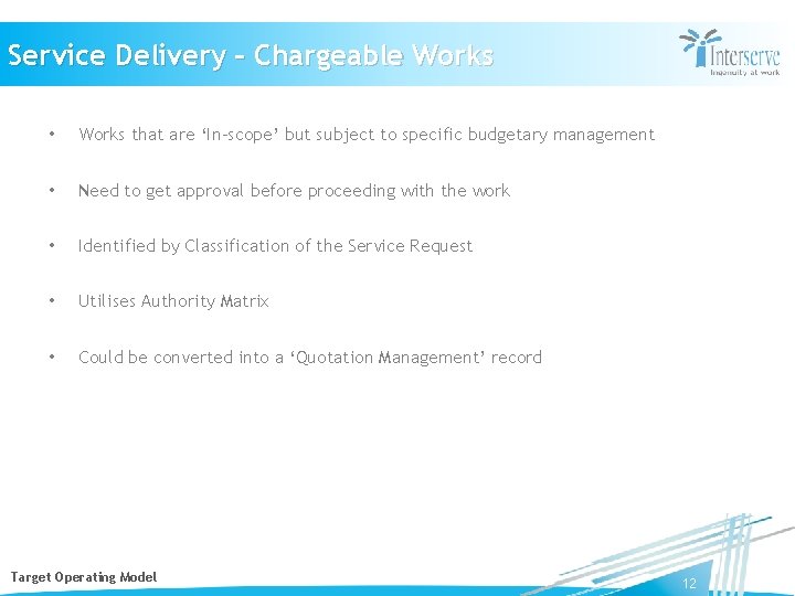 Service Delivery – Chargeable Works • Works that are ‘In-scope’ but subject to specific