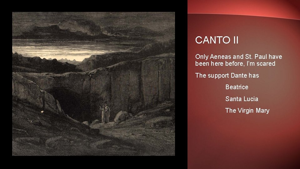 CANTO II Only Aeneas and St. Paul have been here before, I’m scared The