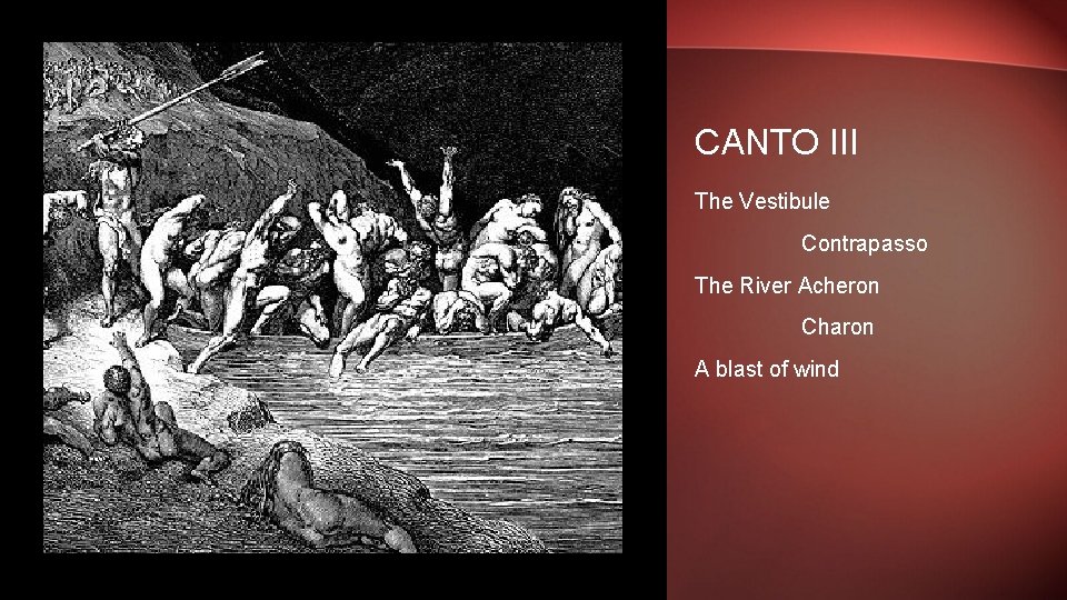 CANTO III The Vestibule Contrapasso The River Acheron Charon A blast of wind 