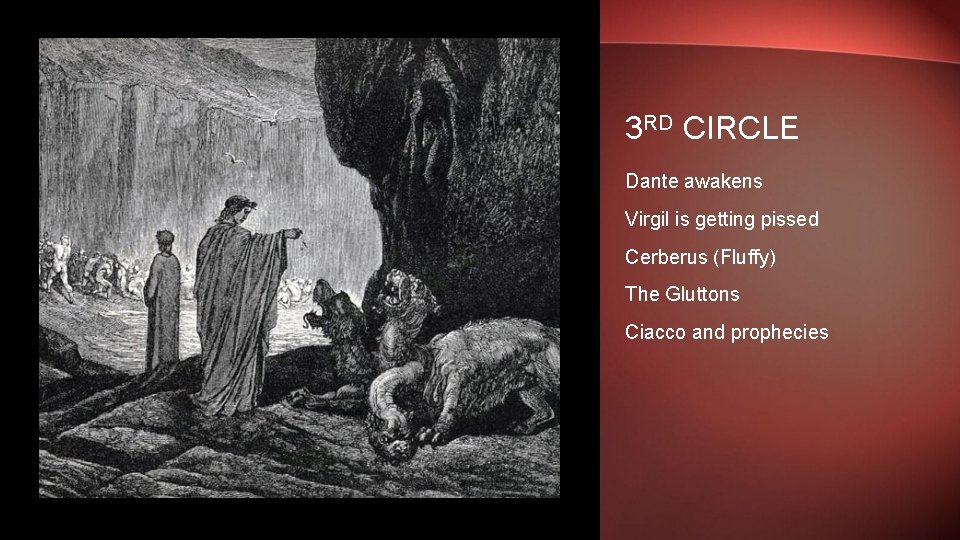 3 RD CIRCLE Dante awakens Virgil is getting pissed Cerberus (Fluffy) The Gluttons Ciacco