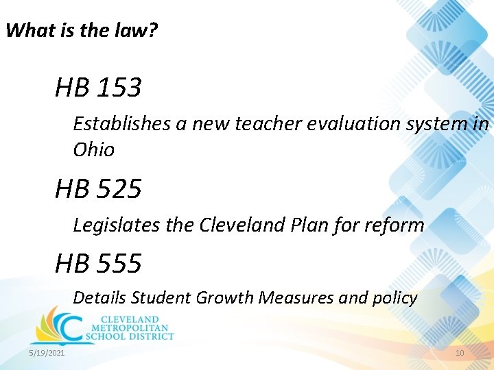 What is the law? HB 153 Establishes a new teacher evaluation system in Ohio What is the law? HB 153 Establishes a new teacher evaluation system in Ohio