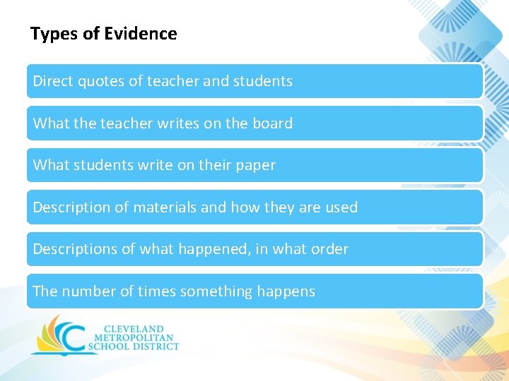 Types of Evidence Direct quotes of teacher and students What the teacher writes on Types of Evidence Direct quotes of teacher and students What the teacher writes on