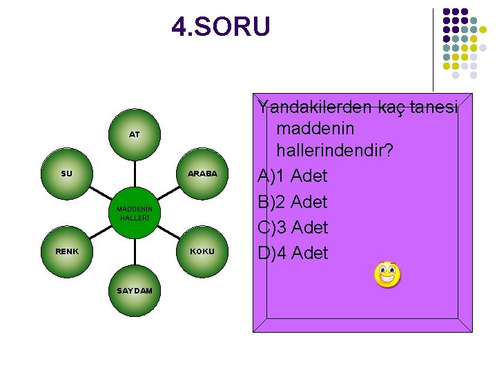 4. SORU AT ARABA SU MADDENİN HALLERİ KOKU RENK SAYDAM Yandakilerden kaç tanesi maddenin