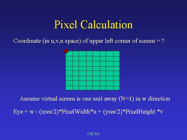 Pixel Calculation Coordinate (in u, v, n space) of upper left corner of screen