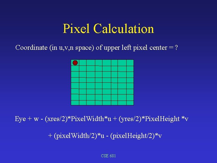 Pixel Calculation Coordinate (in u, v, n space) of upper left pixel center =