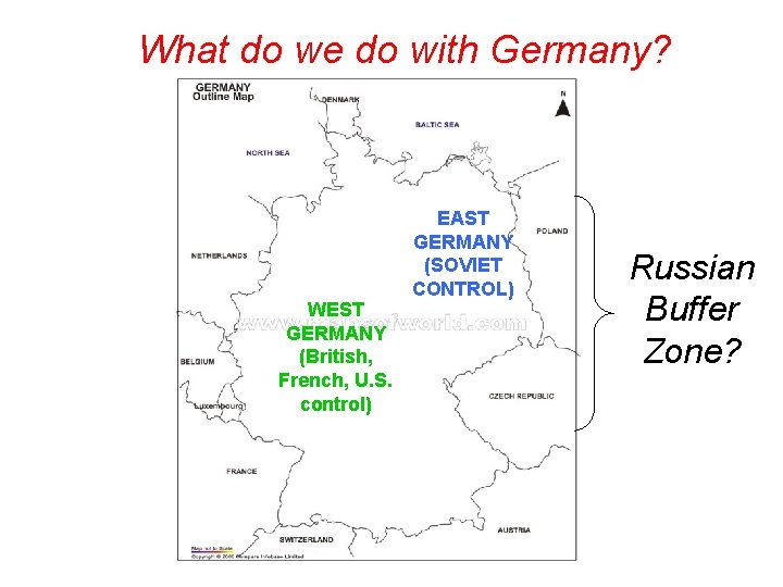 What do we do with Germany? WEST GERMANY (British, French, U. S. control) EAST