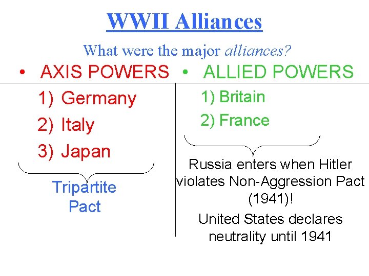 WWII Alliances What were the major alliances? • AXIS POWERS • ALLIED POWERS 1)