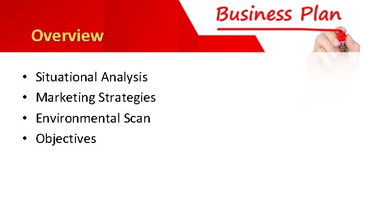 Overview • • Situational Analysis Marketing Strategies Environmental Scan Objectives 