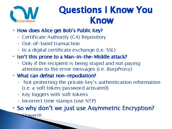 Questions I Know You Know How does Alice get Bob’s Public Key? ◦ Certificate