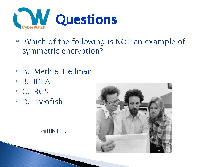 Questions Which of the following is NOT an example of symmetric encryption? A. B.