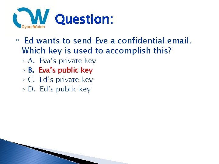 Question: Ed wants to send Eve a confidential email. Which key is used to