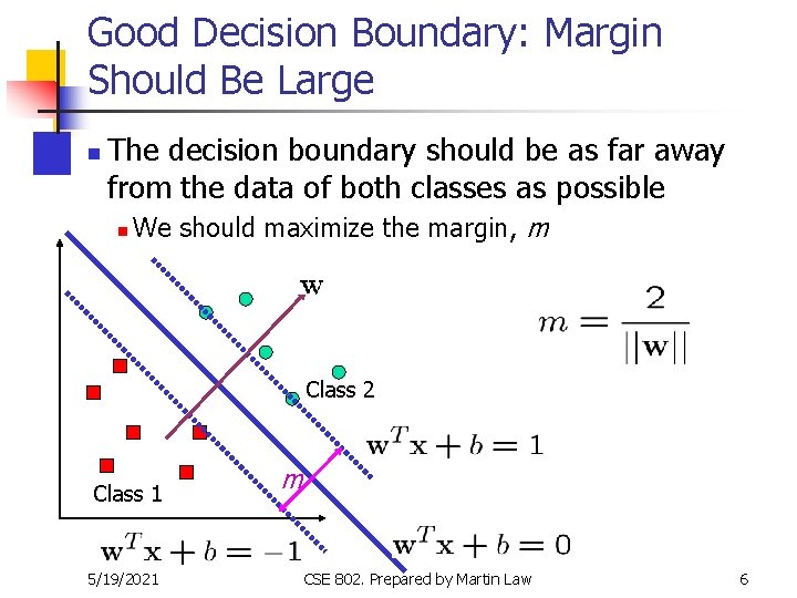 Good Decision Boundary: Margin Should Be Large n The decision boundary should be as Good Decision Boundary: Margin Should Be Large n The decision boundary should be as