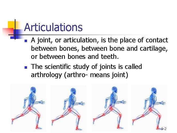 Articulations n n A joint, or articulation, is the place of contact between bones,