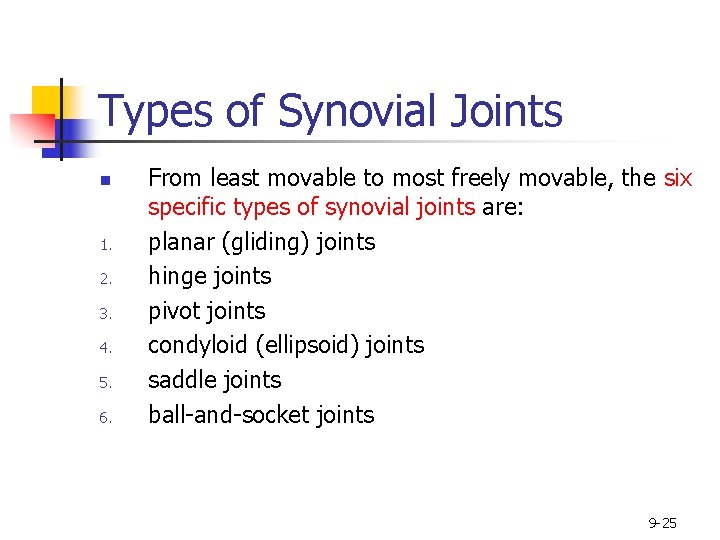 Types of Synovial Joints n 1. 2. 3. 4. 5. 6. From least movable