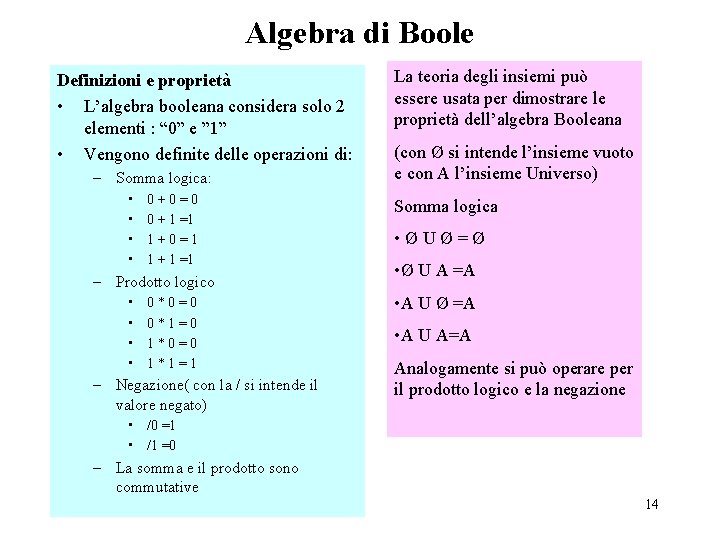 Algebra di Boole Definizioni e proprietà • L’algebra booleana considera solo 2 elementi :