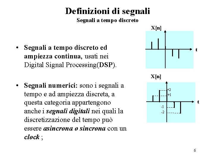 Definizioni di segnali Segnali a tempo discreto X[n] • Segnali a tempo discreto ed