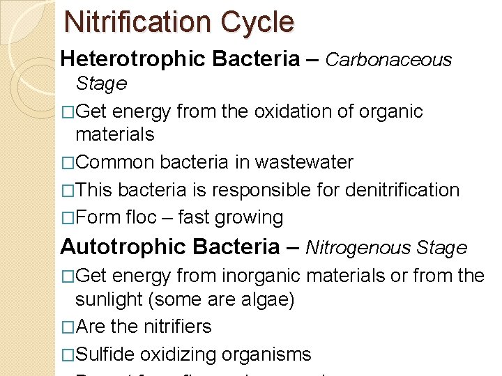 Nitrification Cycle Heterotrophic Bacteria – Carbonaceous Stage �Get energy from the oxidation of organic