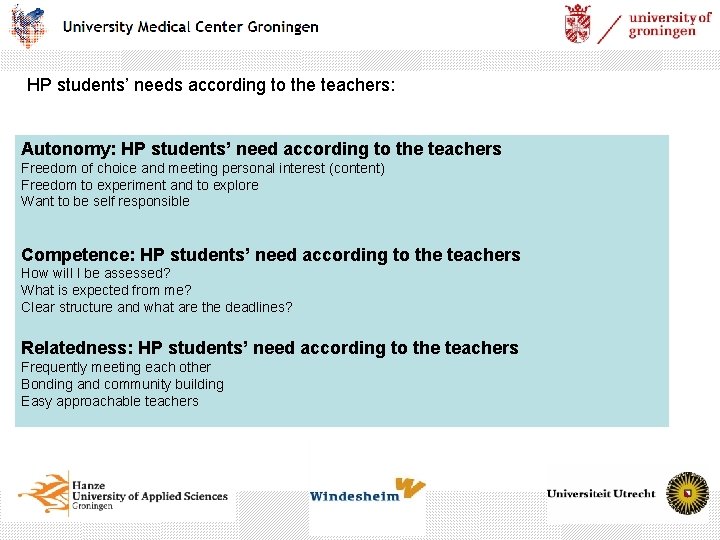 HP students’ needs according to the teachers: Autonomy: HP students’ need according to the