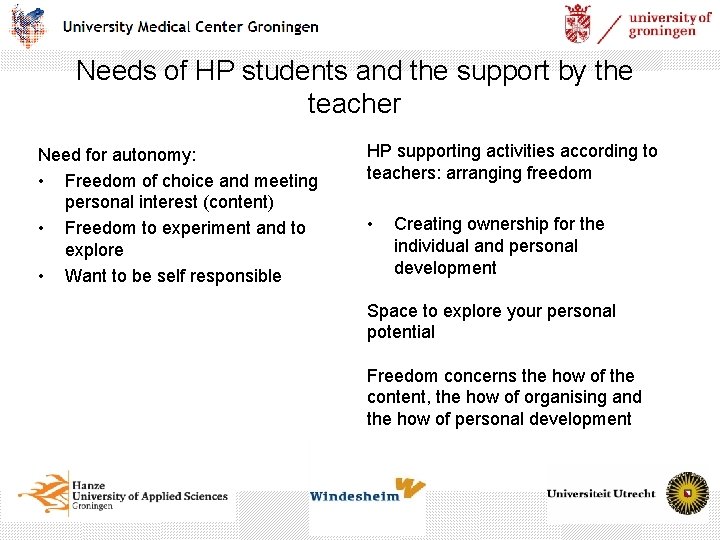 Needs of HP students and the support by the teacher Need for autonomy: •